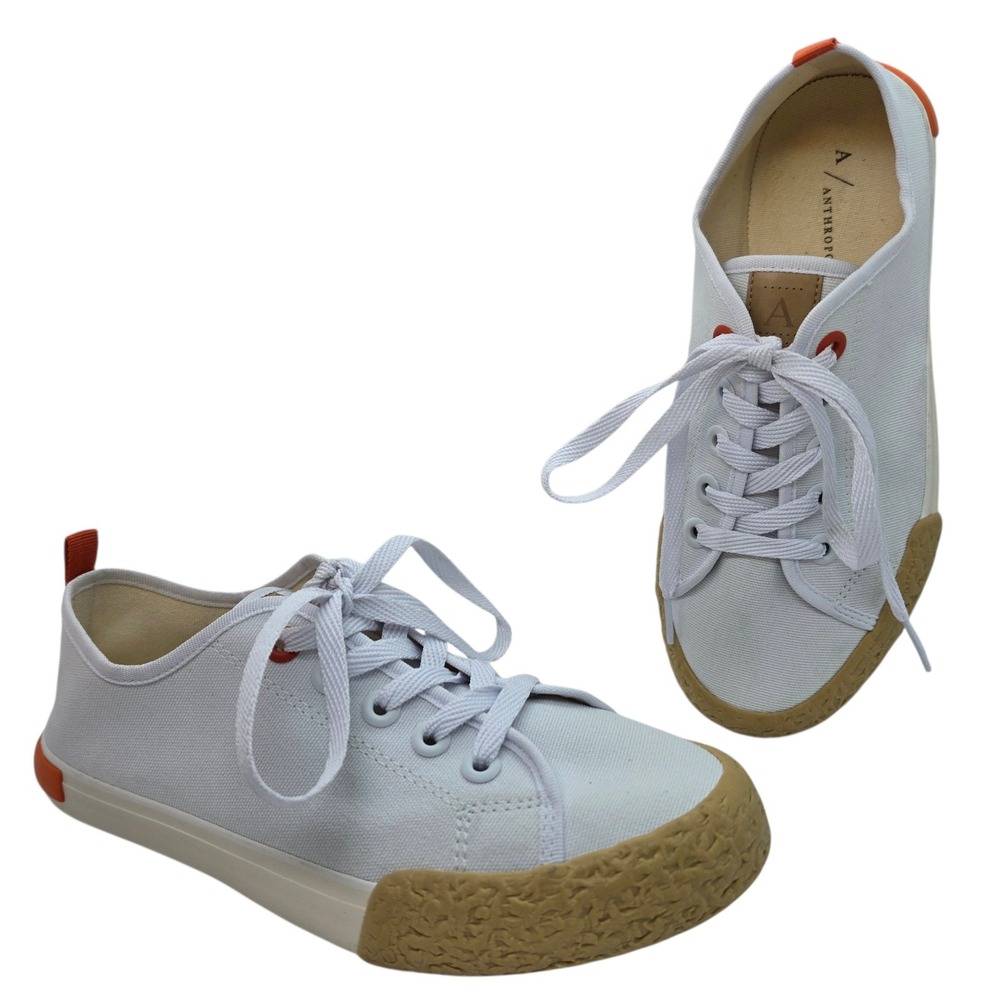 Anthropologie Womens Canvas Sneakers White Orange Gum Toe Lace Up Low Top 40 EUR